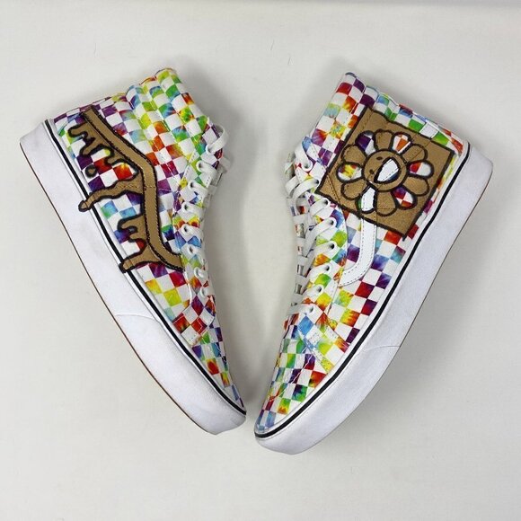 VANSCustomized Unique Tie Dye Checkerboard SK8-HI High Tops 12 Mens